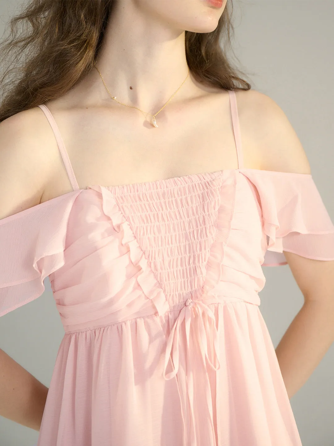 【Final Sale】Ariah Romantic Square Neck Ruffle Sleeves Pink Dress