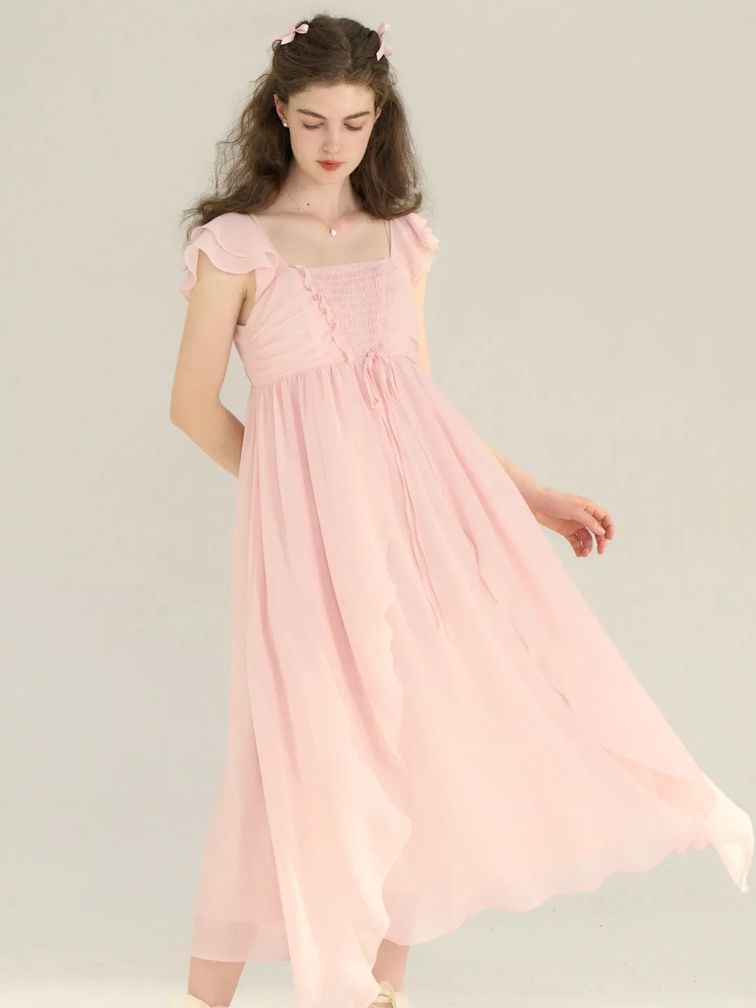 【Final Sale】Ariah Romantic Square Neck Ruffle Sleeves Pink Dress