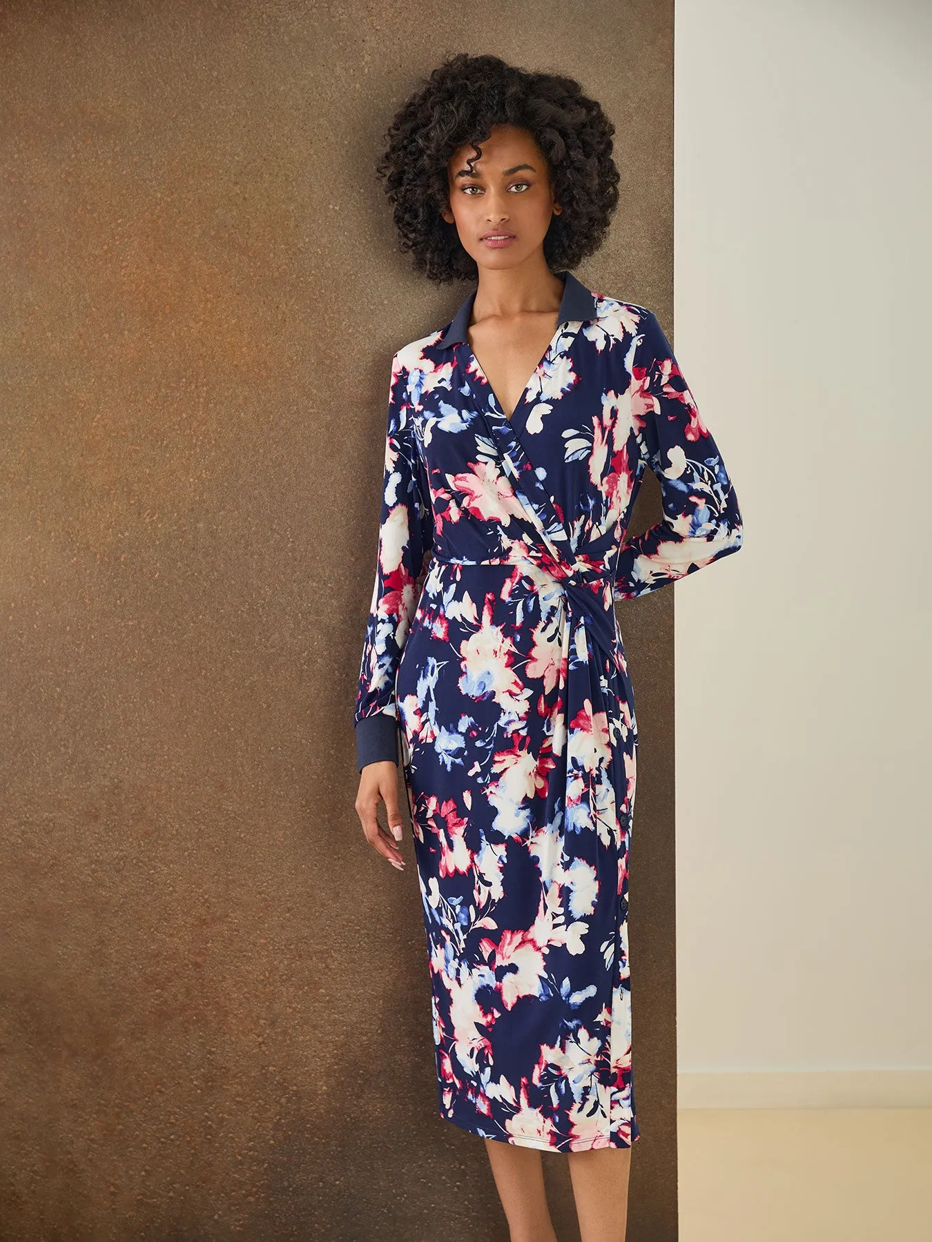 Floral Collared Twist Wrap Midi Dress