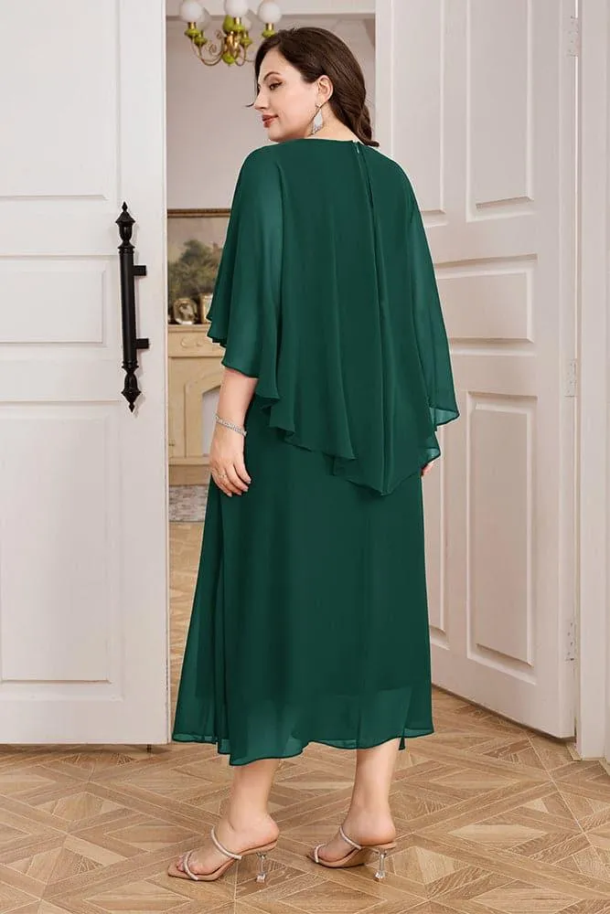 HN Chiffon Party Cape Sleeve V-Neck Defined Waist Dress