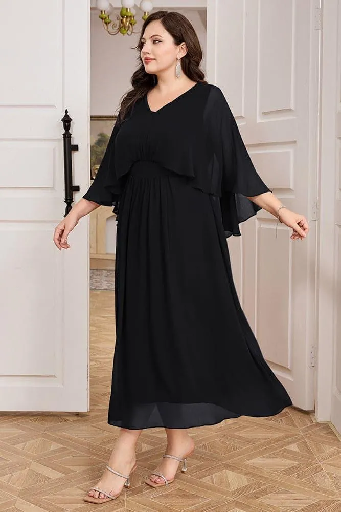 HN Chiffon Party Cape Sleeve V-Neck Defined Waist Dress