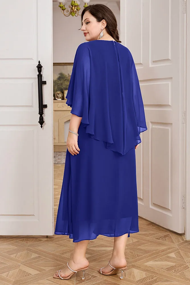 HN Chiffon Party Cape Sleeve V-Neck Defined Waist Dress