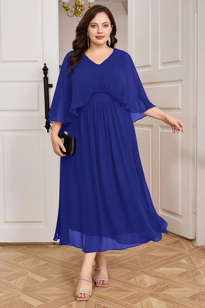 HN Chiffon Party Cape Sleeve V-Neck Defined Waist Dress