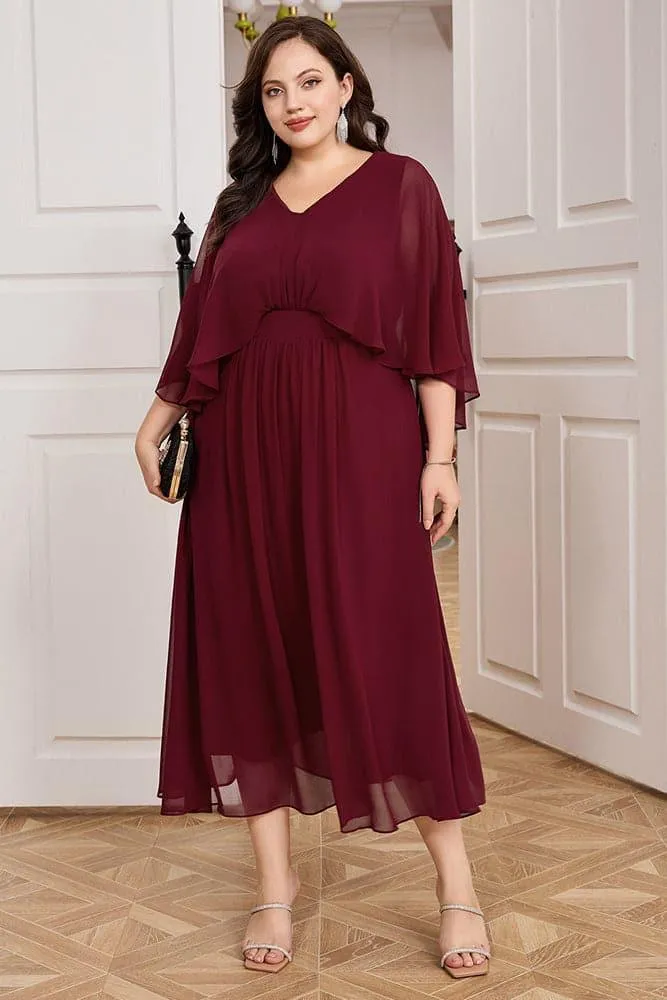 HN Chiffon Party Cape Sleeve V-Neck Defined Waist Dress