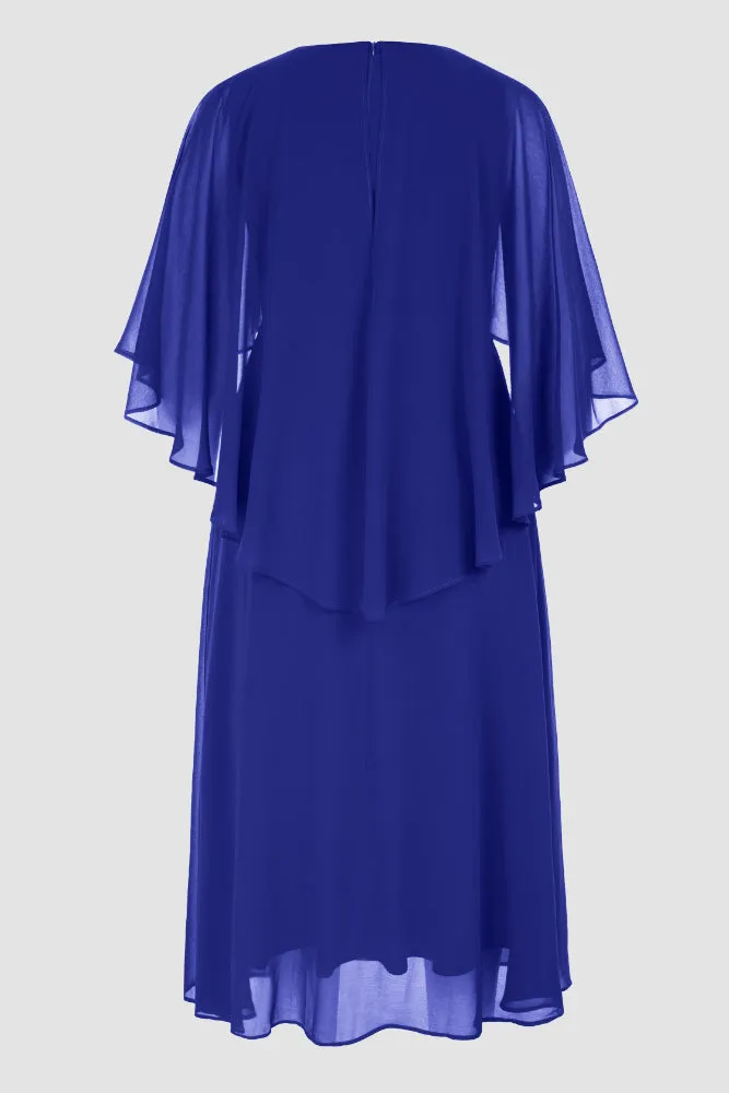 HN Chiffon Party Cape Sleeve V-Neck Defined Waist Dress