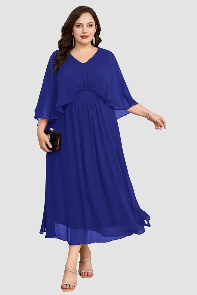 HN Chiffon Party Cape Sleeve V-Neck Defined Waist Dress