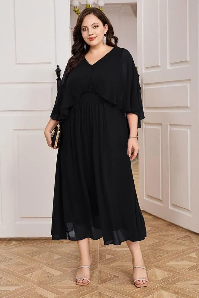 HN Chiffon Party Cape Sleeve V-Neck Defined Waist Dress