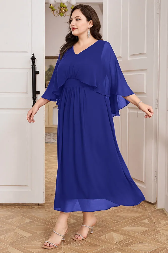 HN Chiffon Party Cape Sleeve V-Neck Defined Waist Dress