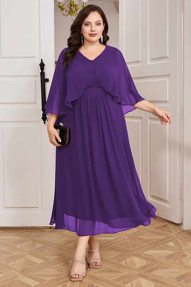 HN Chiffon Party Cape Sleeve V-Neck Defined Waist Dress