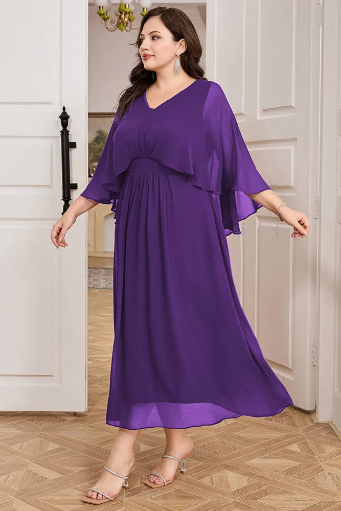 HN Chiffon Party Cape Sleeve V-Neck Defined Waist Dress