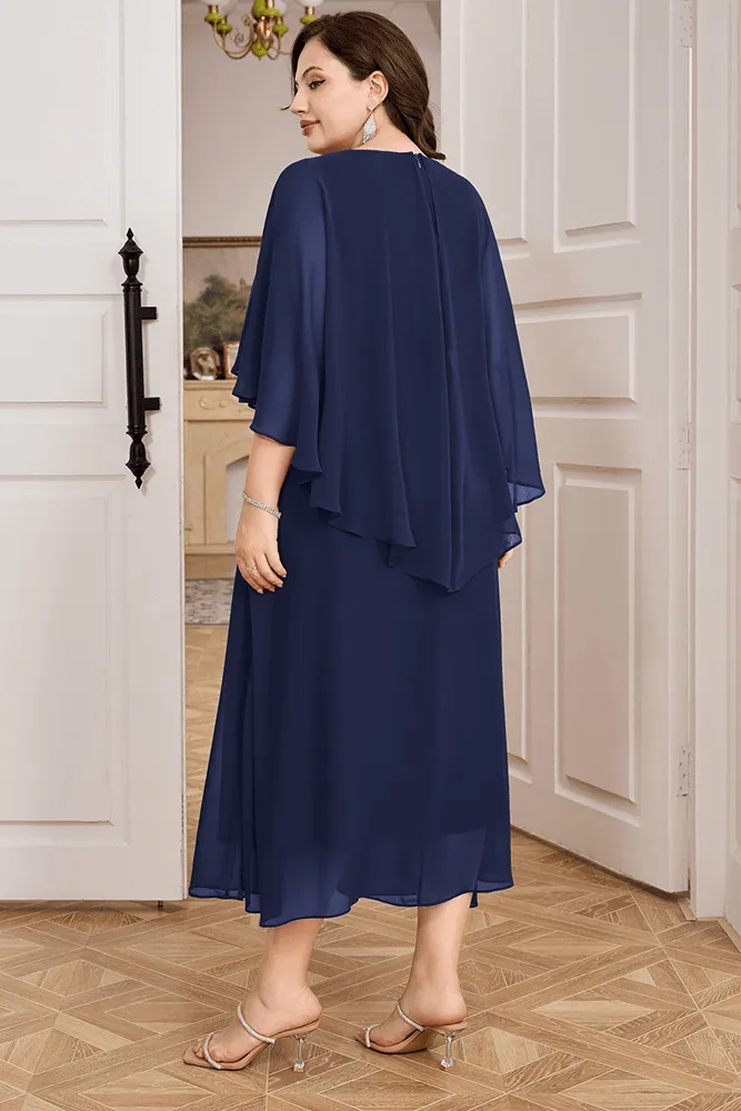 HN Chiffon Party Cape Sleeve V-Neck Defined Waist Dress