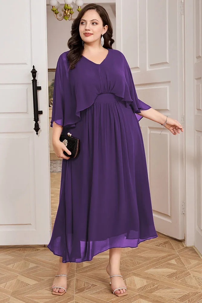 HN Chiffon Party Cape Sleeve V-Neck Defined Waist Dress