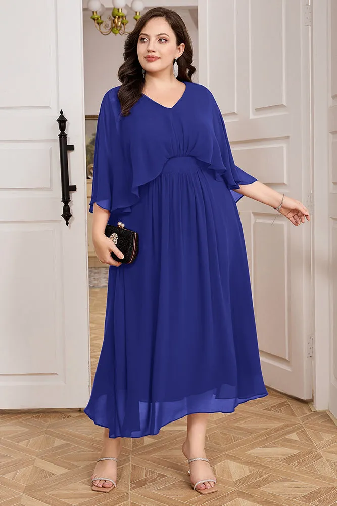 HN Chiffon Party Cape Sleeve V-Neck Defined Waist Dress