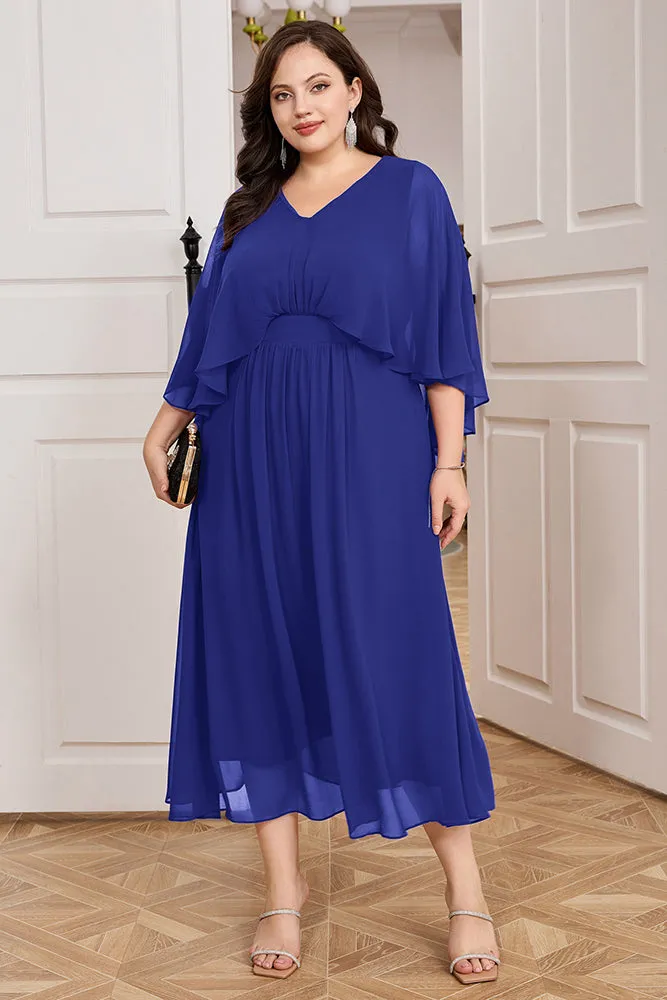 HN Chiffon Party Cape Sleeve V-Neck Defined Waist Dress