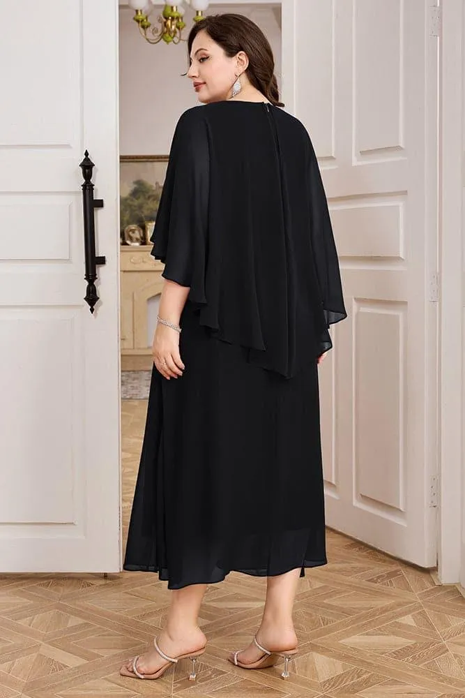 HN Chiffon Party Cape Sleeve V-Neck Defined Waist Dress