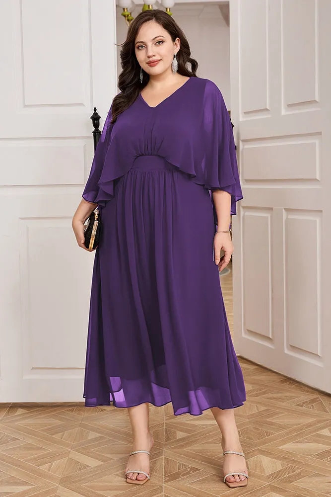 HN Chiffon Party Cape Sleeve V-Neck Defined Waist Dress