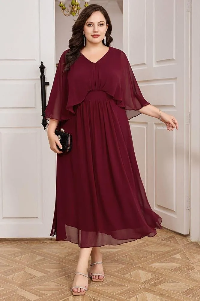 HN Chiffon Party Cape Sleeve V-Neck Defined Waist Dress