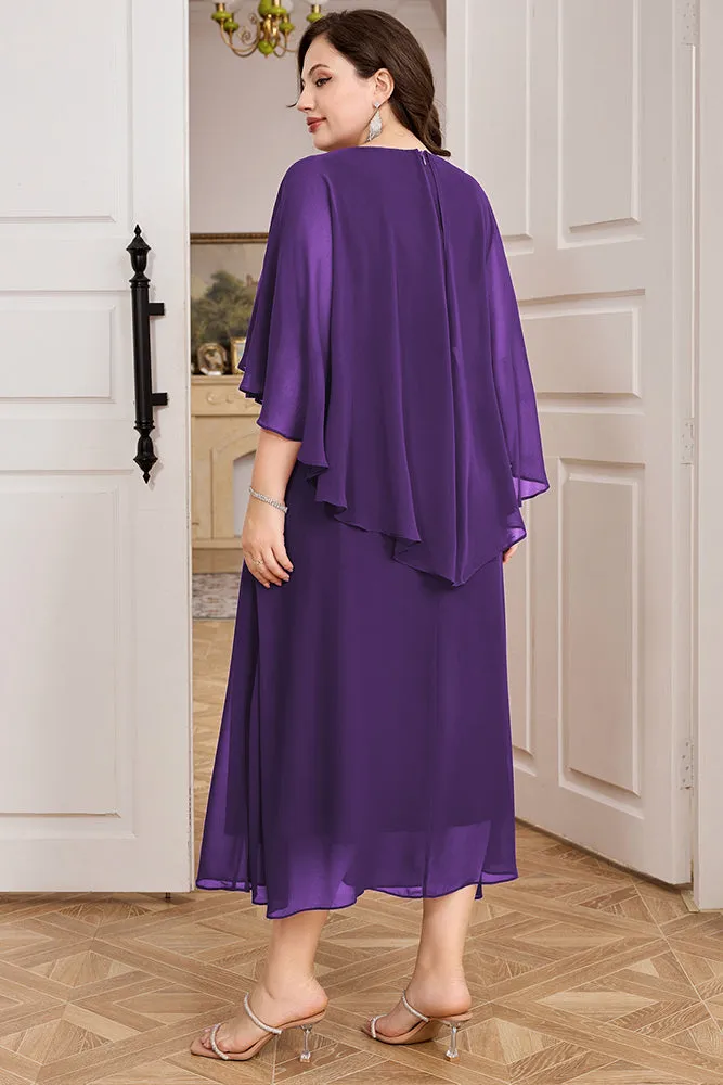 HN Chiffon Party Cape Sleeve V-Neck Defined Waist Dress