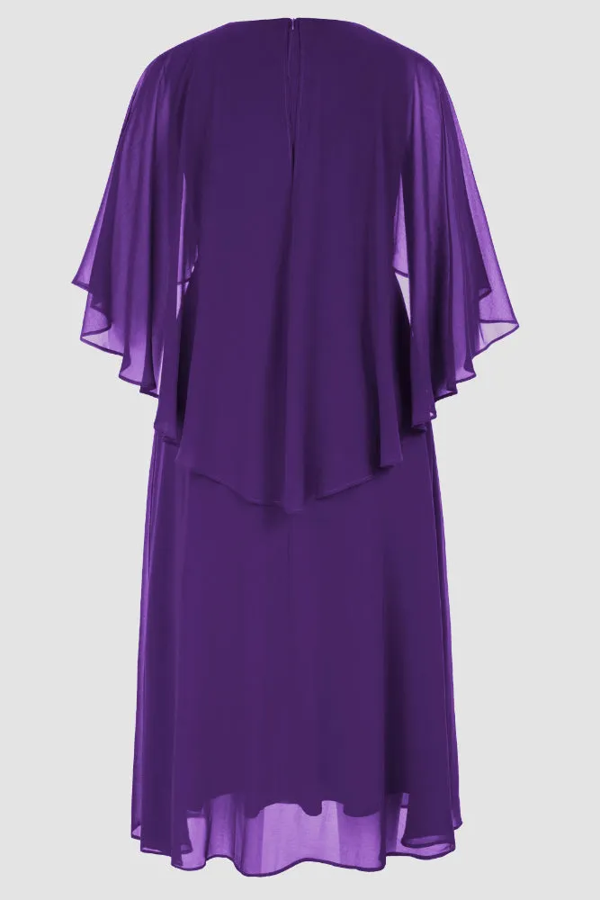 HN Chiffon Party Cape Sleeve V-Neck Defined Waist Dress