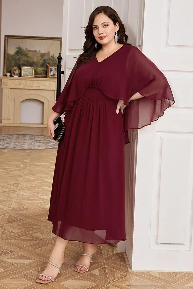 HN Chiffon Party Cape Sleeve V-Neck Defined Waist Dress