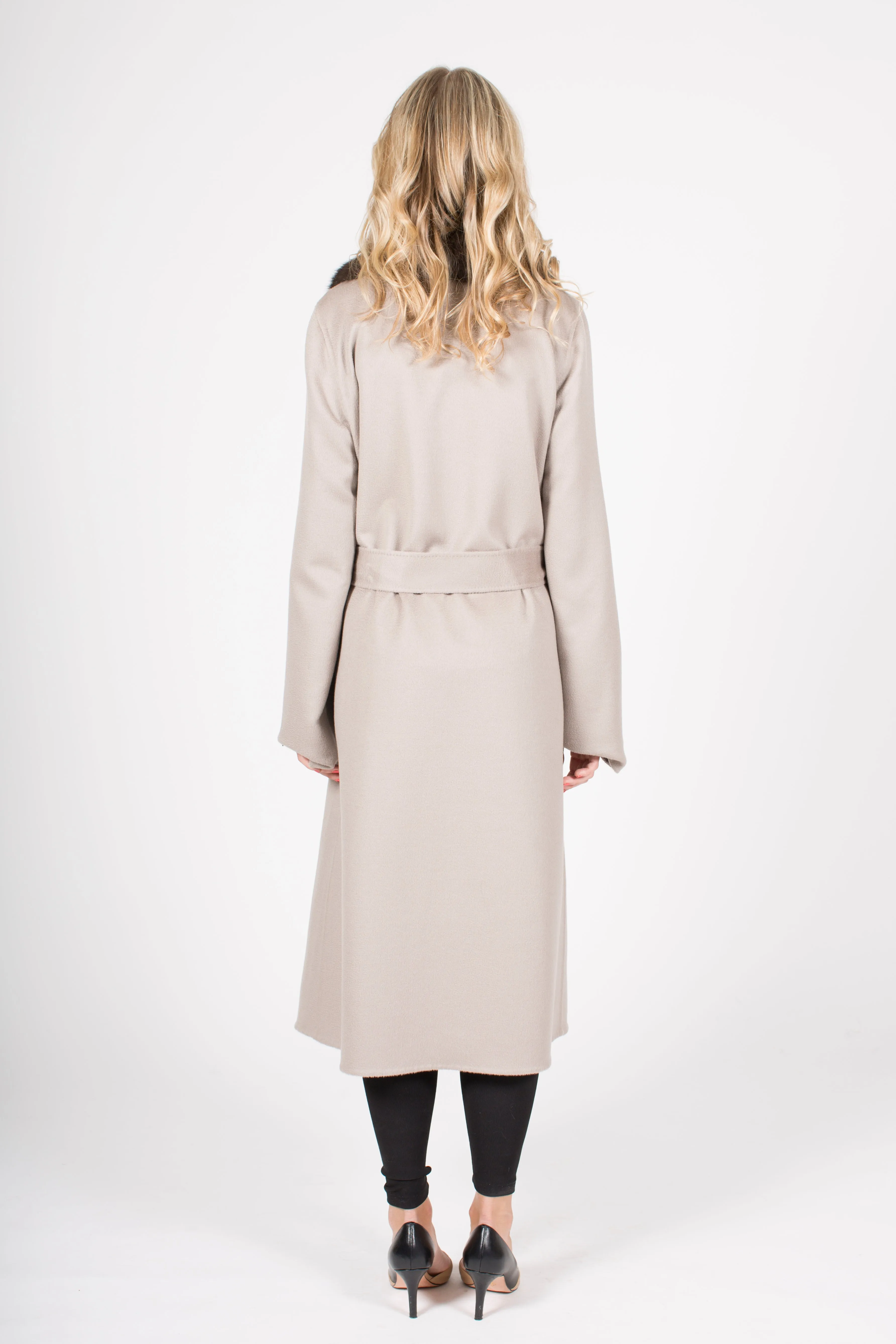 Long 100% Cashmere Wrap Coat with Sable Collar