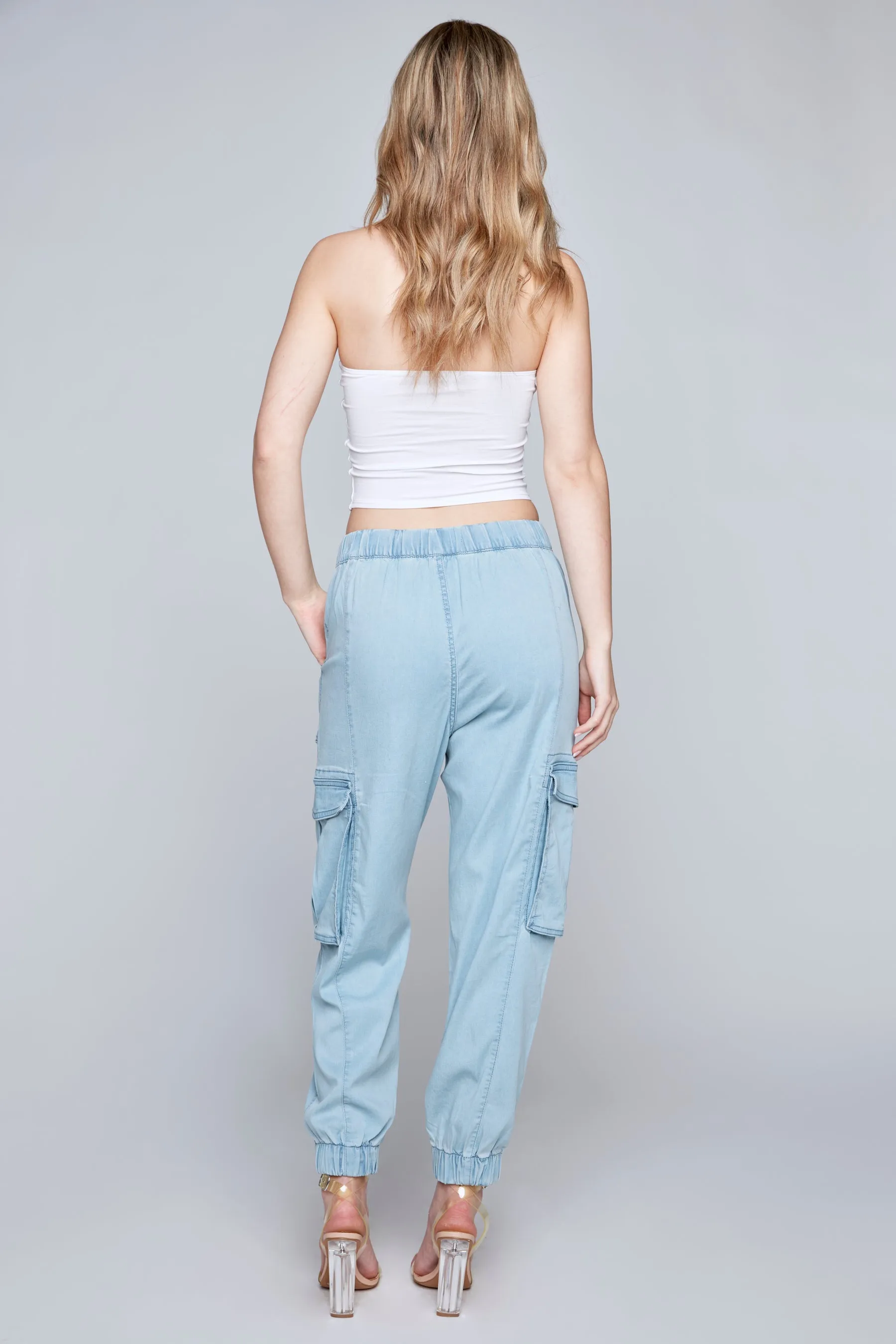 MARISA - High Rise Lightweight Drop Crotch Cargo Jogger - Light Blue Bleach Lyocell Denim