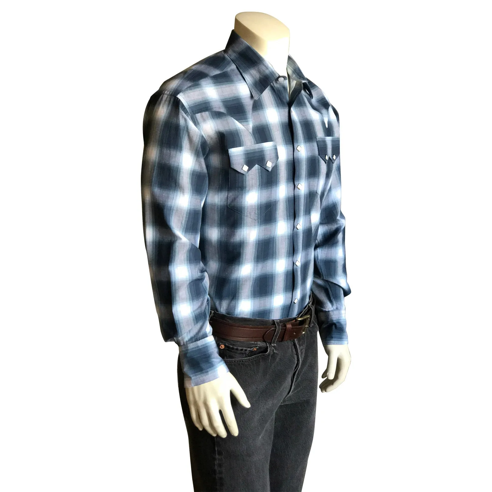 Men's Blue & White Shadow Plaid Western Shirt