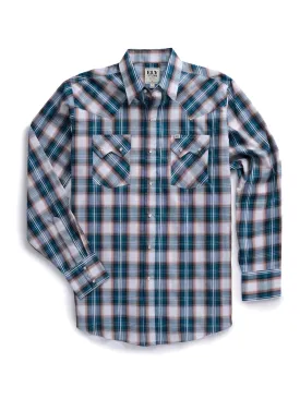 Men's Ely Cattleman Long Sleeve Textured Plaid Western Snap Shirt- Teal & Khaki