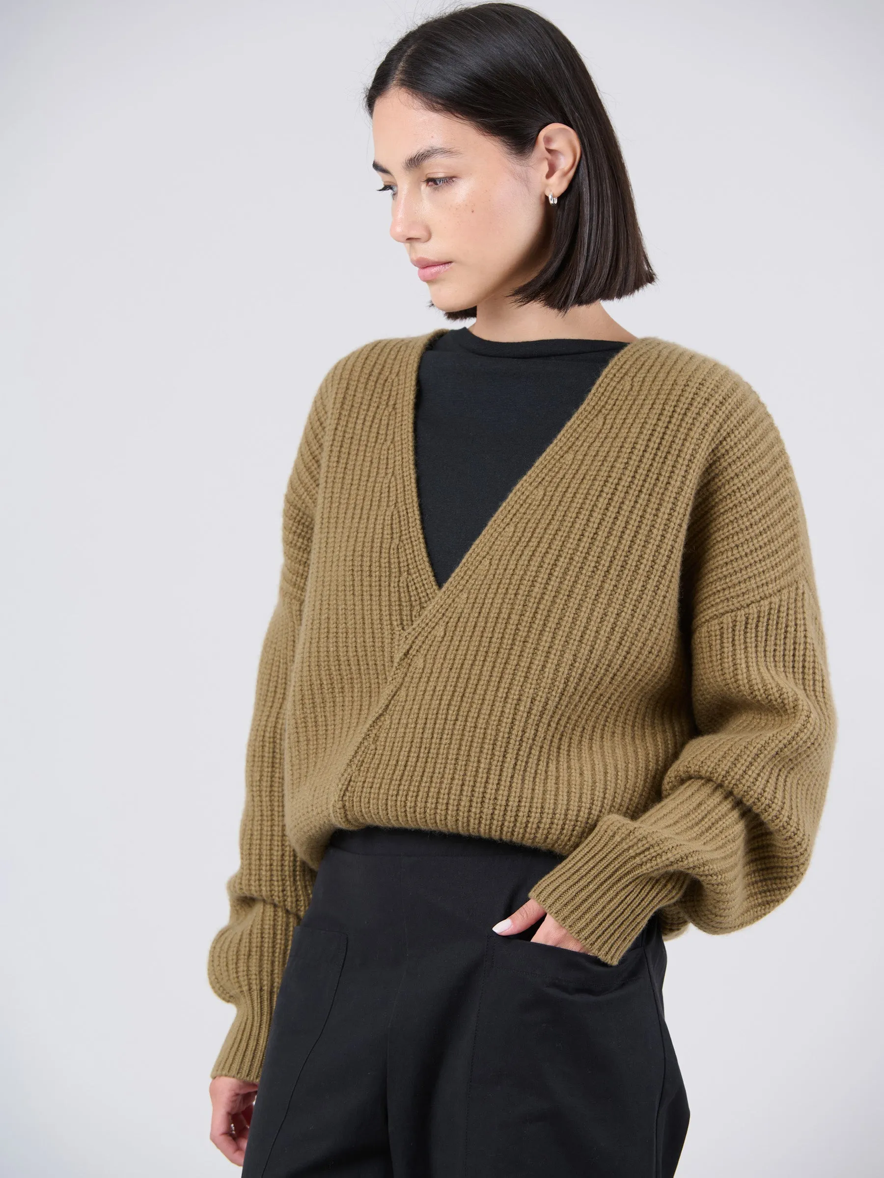 Merino Wool Bamboo Blend Chunky Rib Wrap Sweater