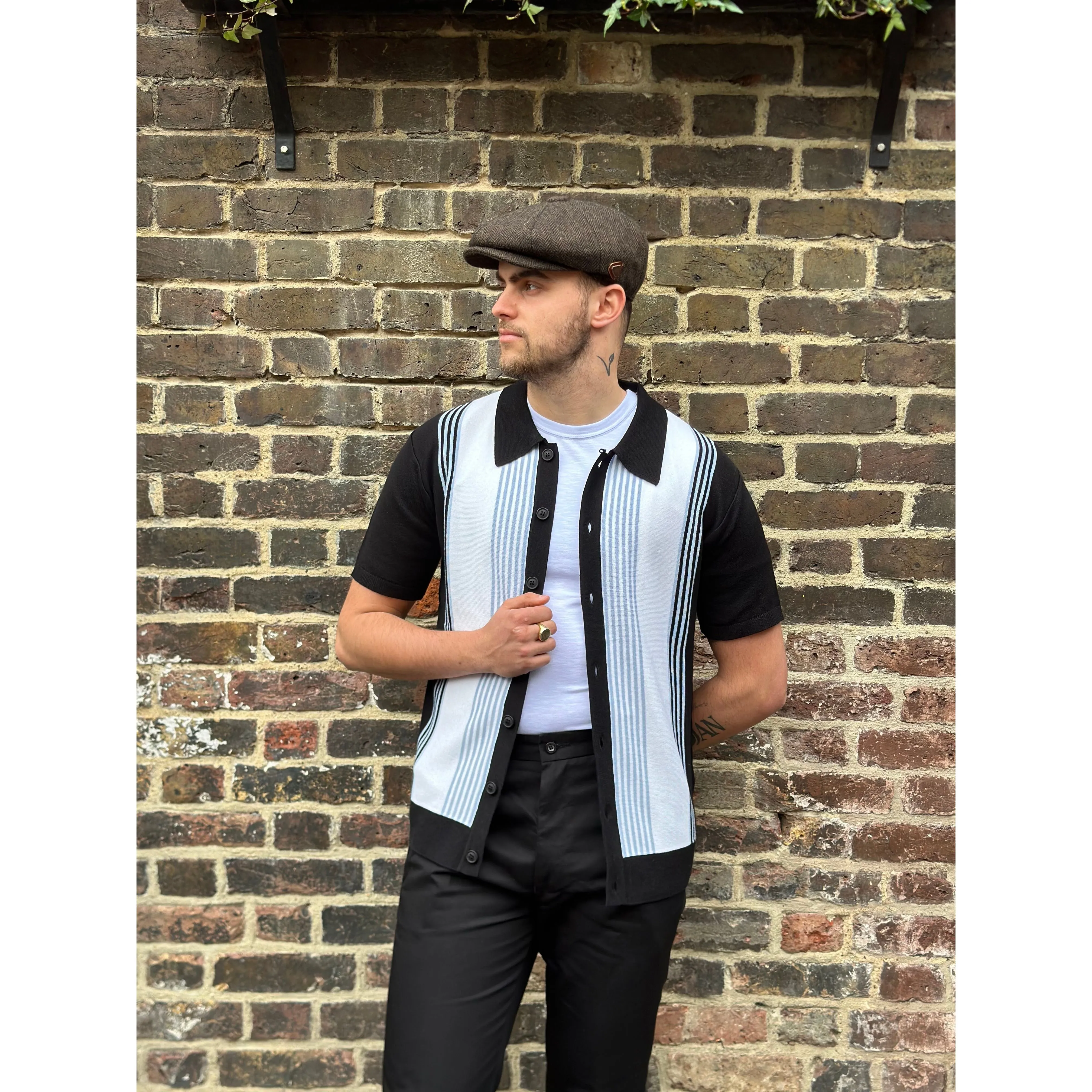 Mr Bridger - 'Paulie' Black & Sky Stripe Button Through - Polo Knit