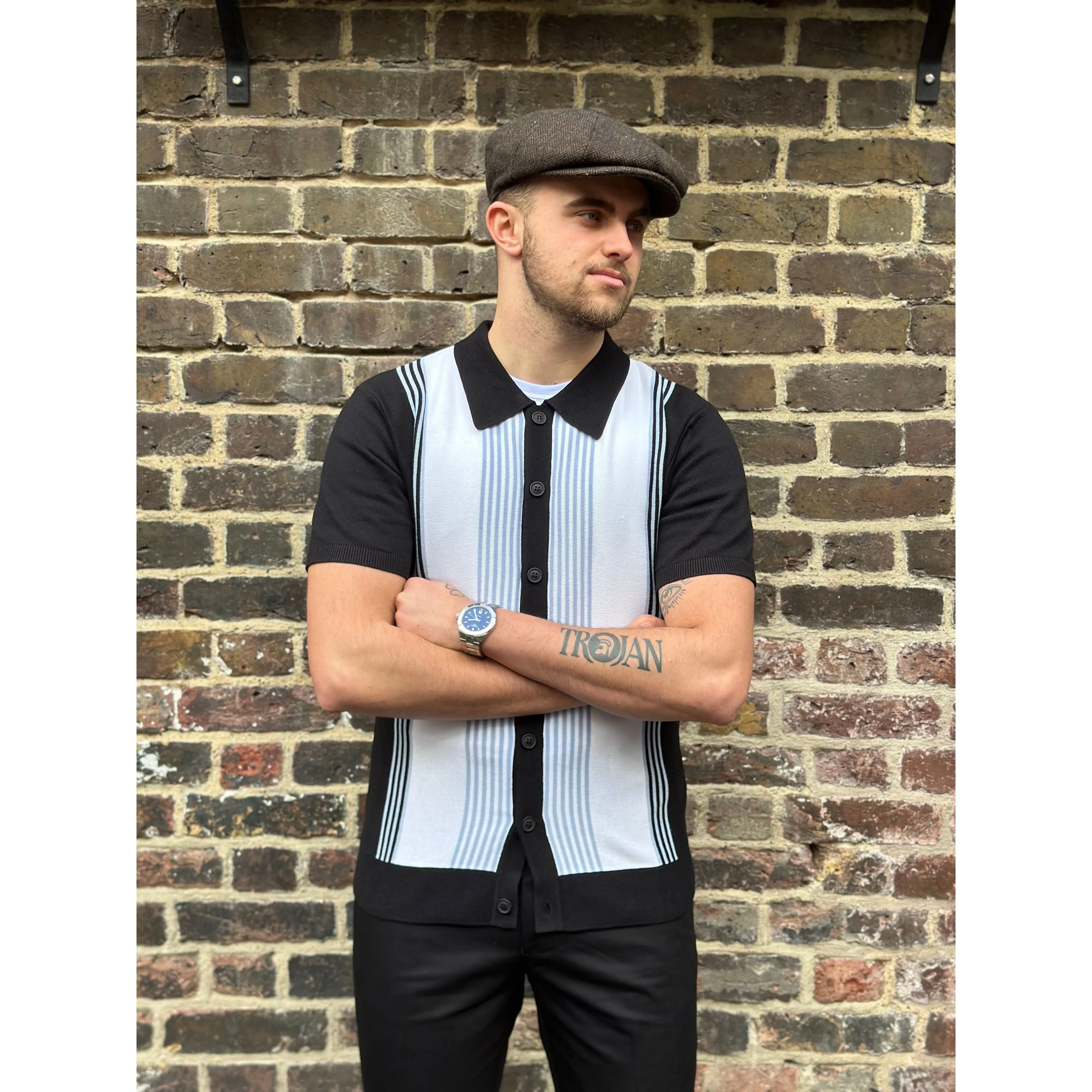 Mr Bridger - 'Paulie' Black & Sky Stripe Button Through - Polo Knit