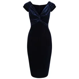 Navy Blue Vintage 40s Style Velour Crossover Bust Wiggle Dress