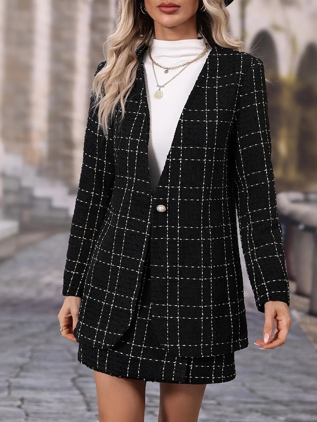 Plaid Single Button Blazer Skirt