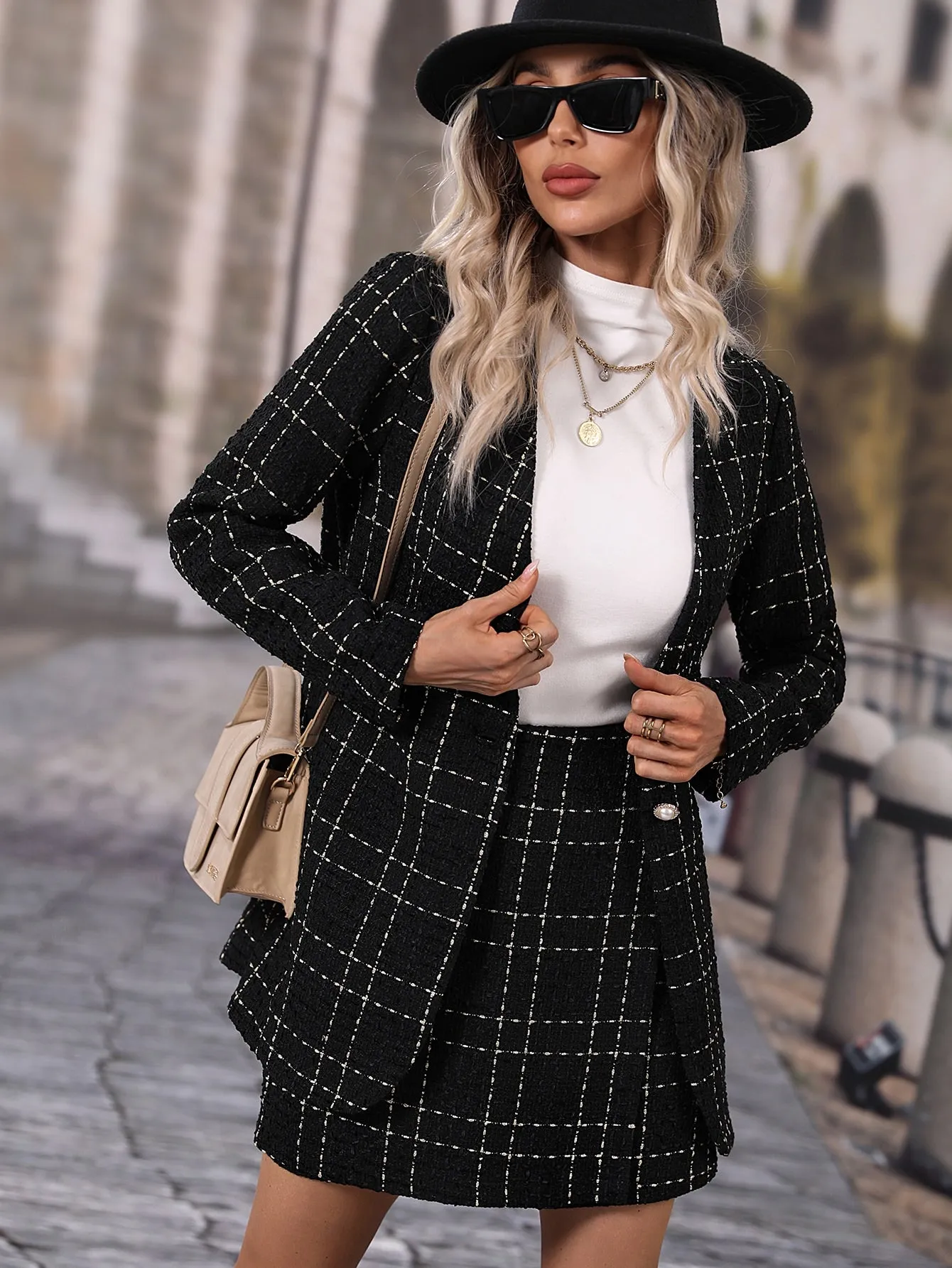 Plaid Single Button Blazer Skirt