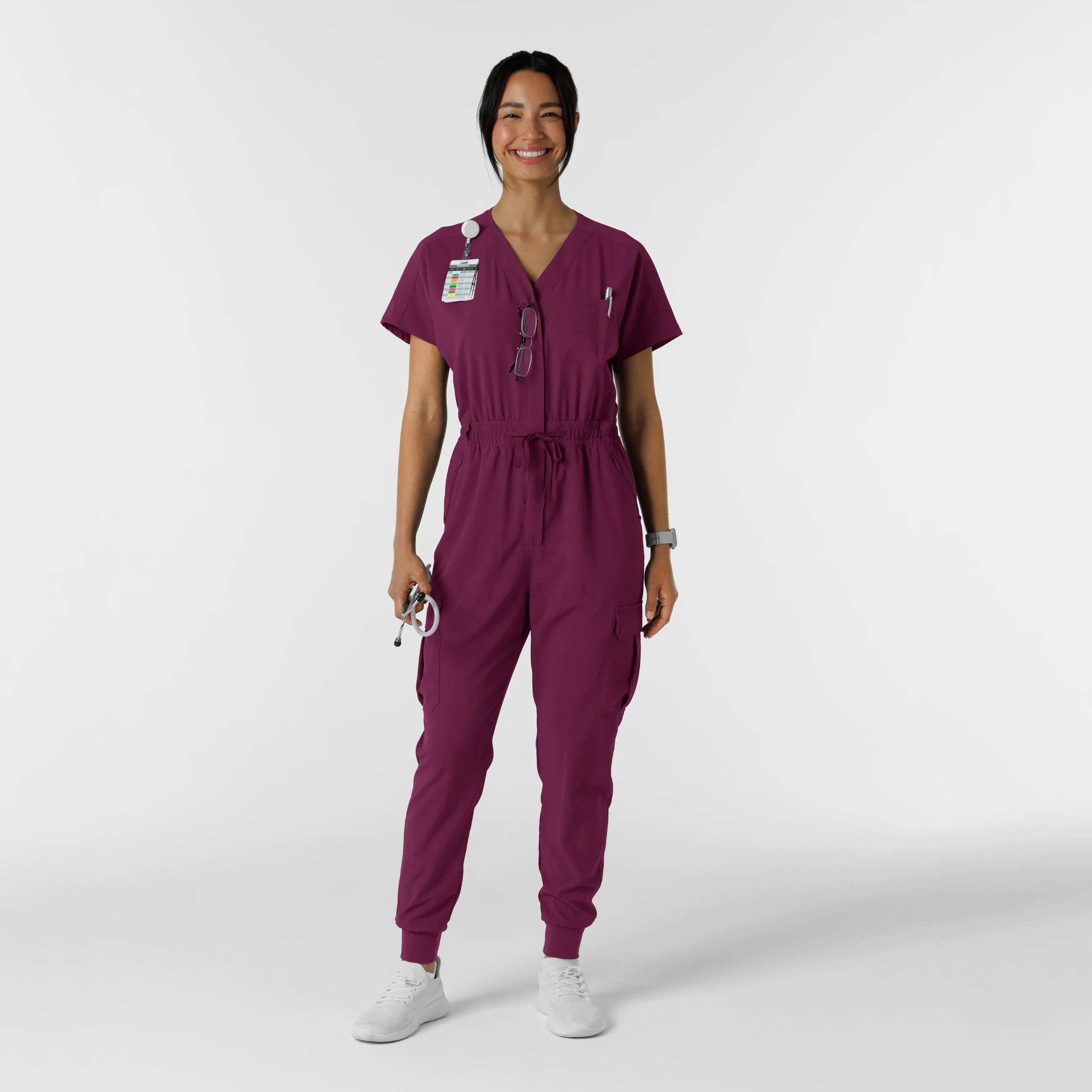 RENEW Women's Cargo Jogger Scrub Jumpsuit - Wine