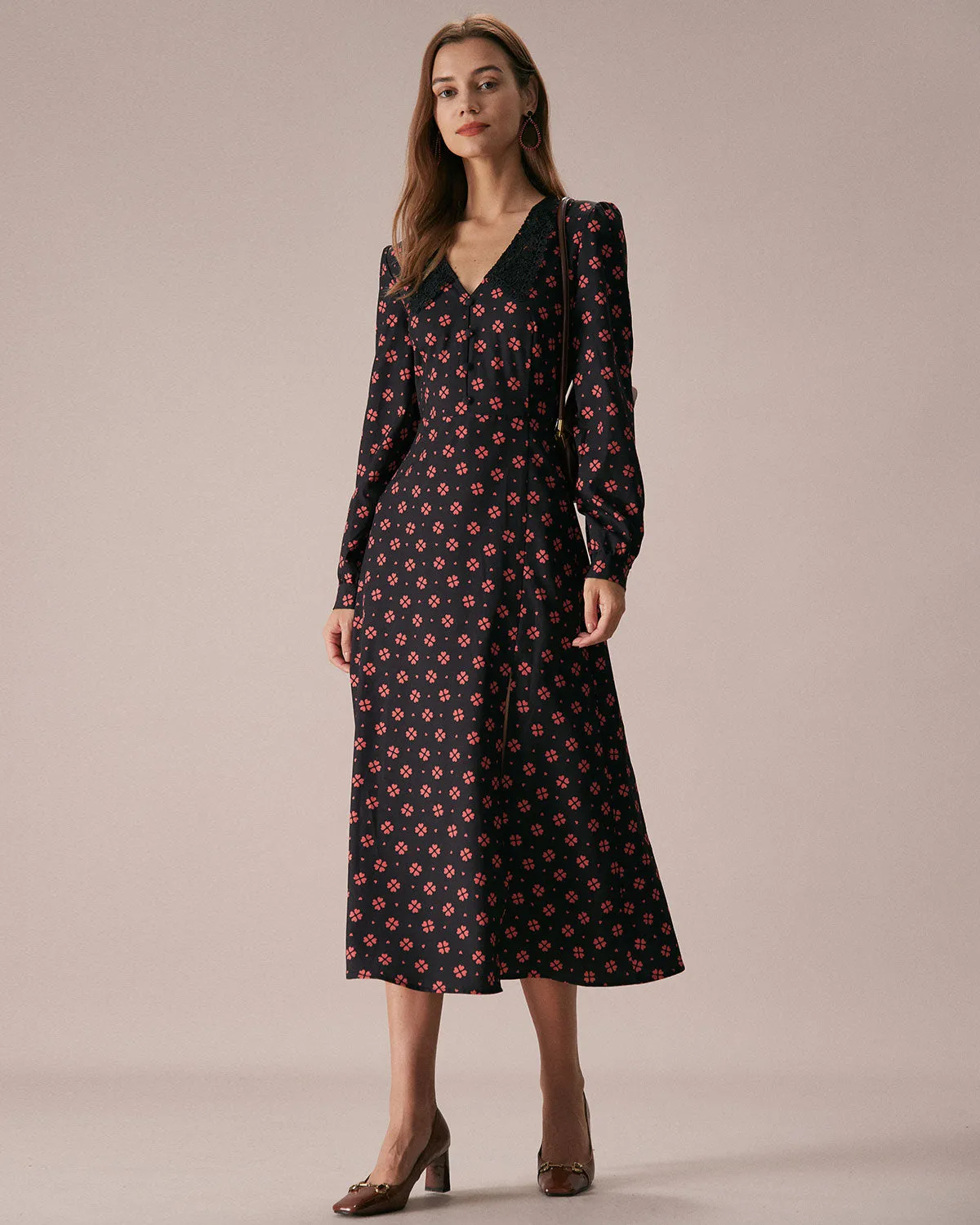 The Black Four-leaf Clover Print Midi Dress