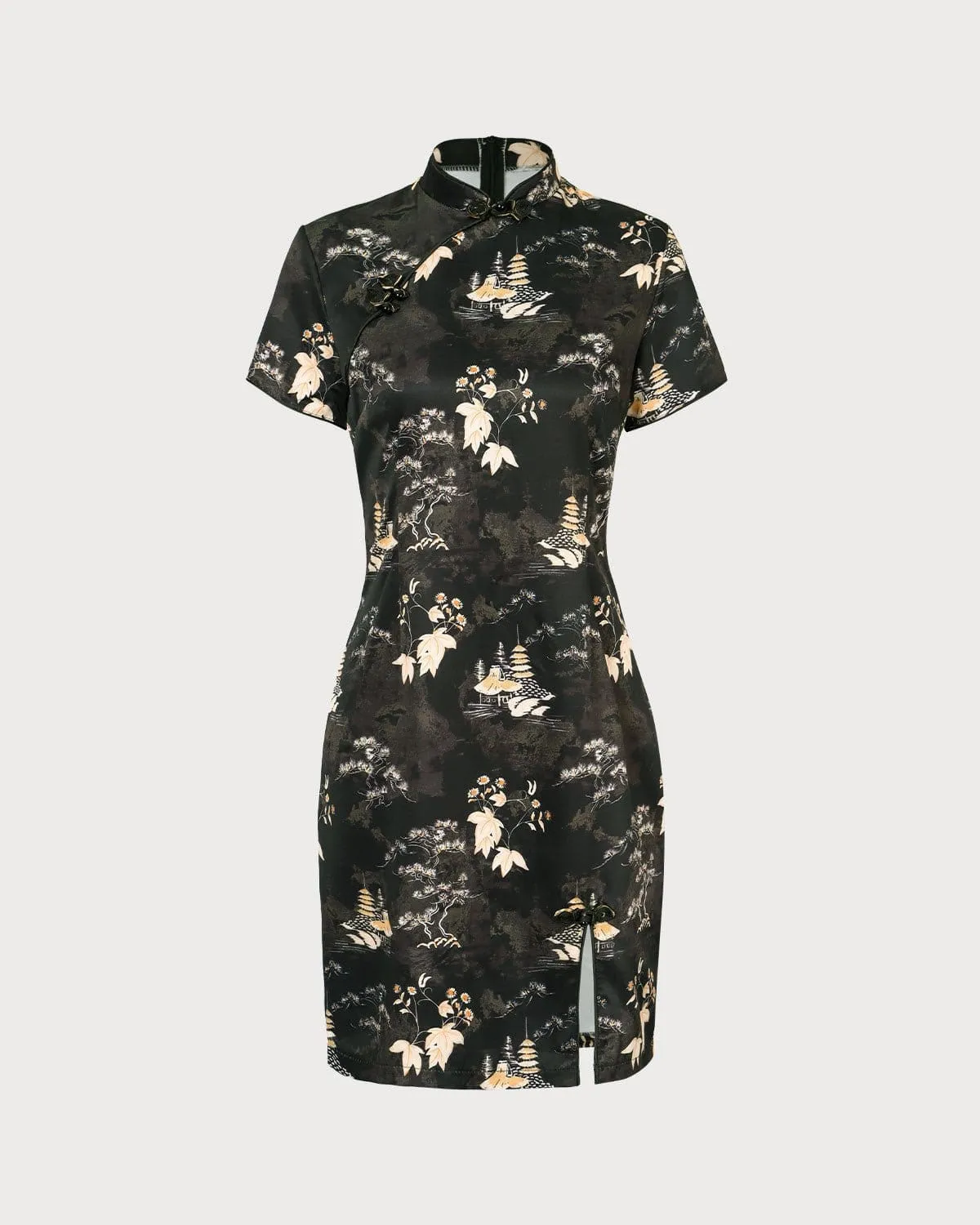 The Black Mandarin Collar Floral Cheongsam