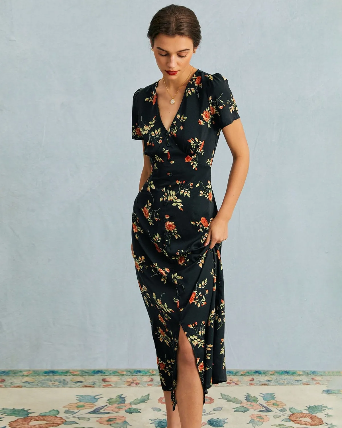 The Black V Neck Floral Short Sleeve Maxi Dress