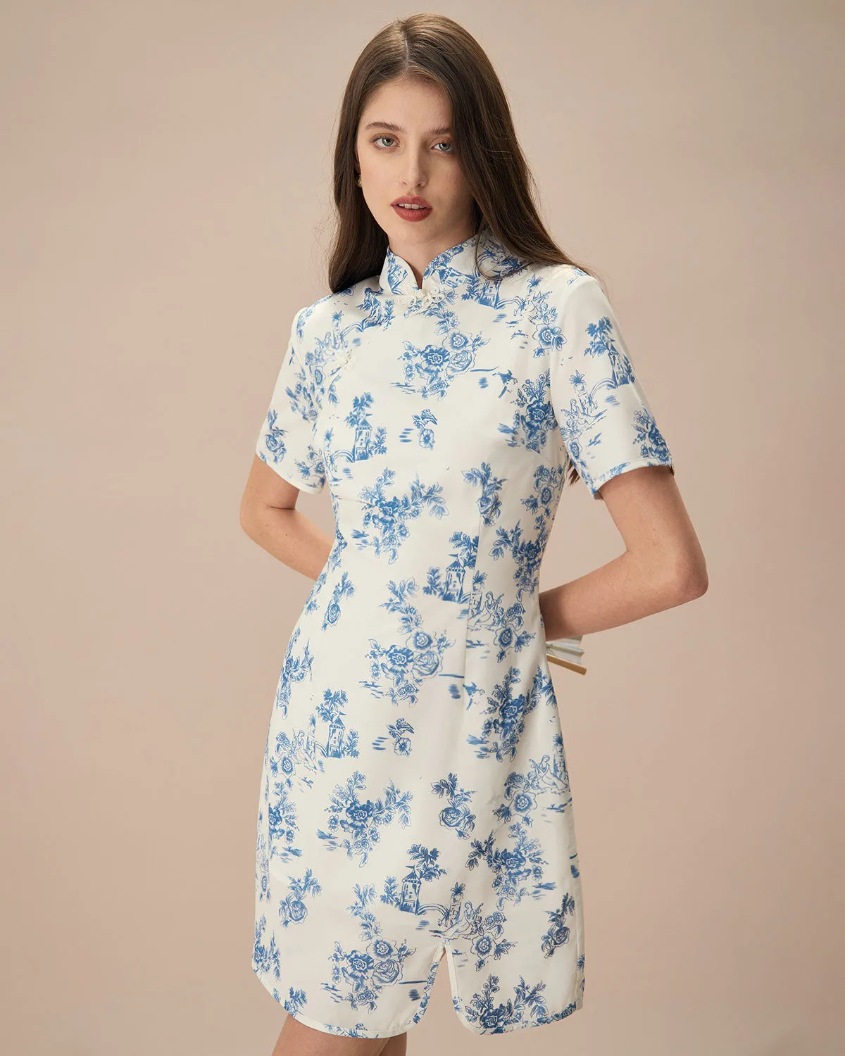 The Blue Mandarin Collar Floral Cheongsam