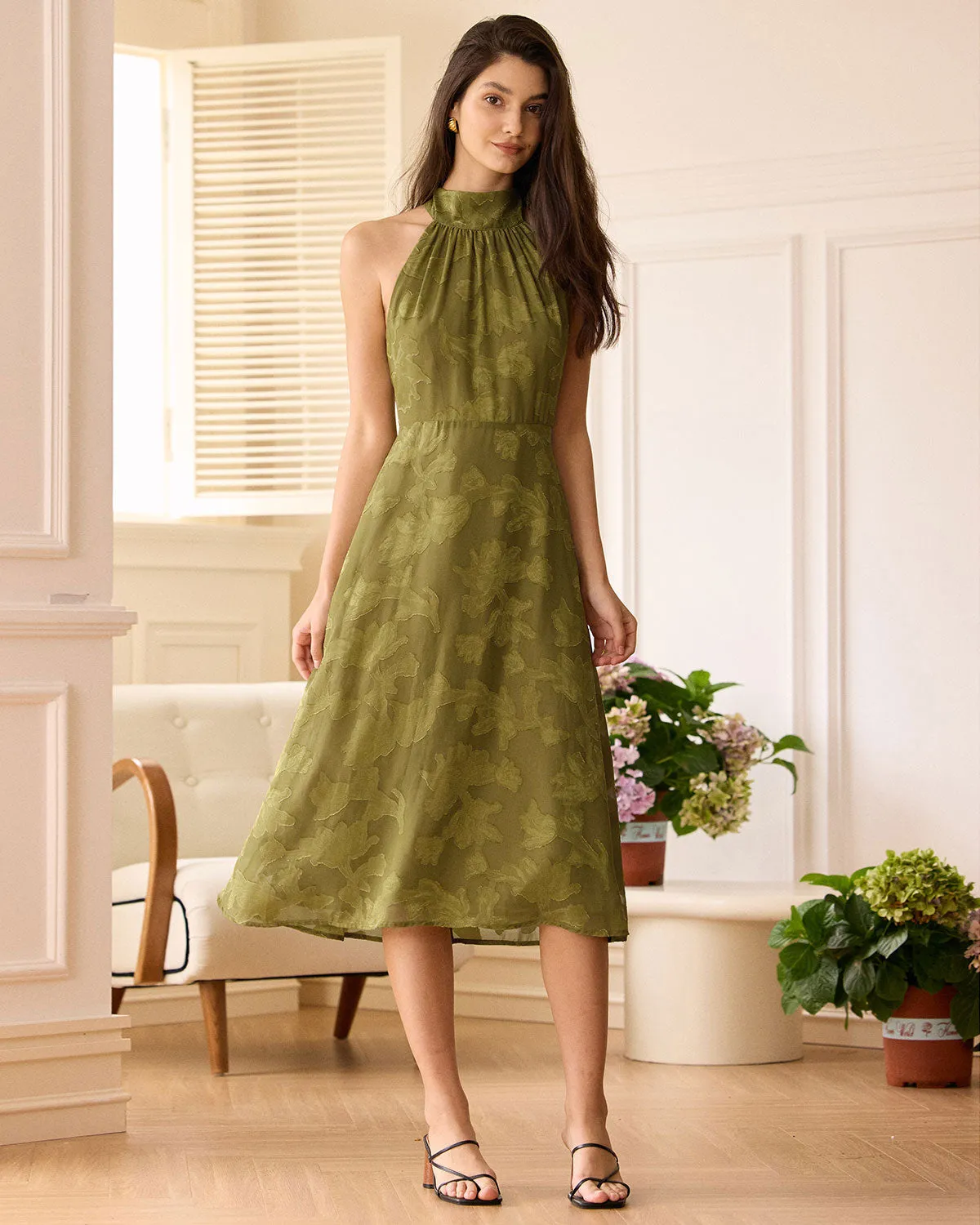 The Green Jacquard Ruched Halter Midi Dress