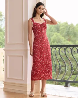 The Red Sweetheart Neck Floral Lace Trim Midi Dress