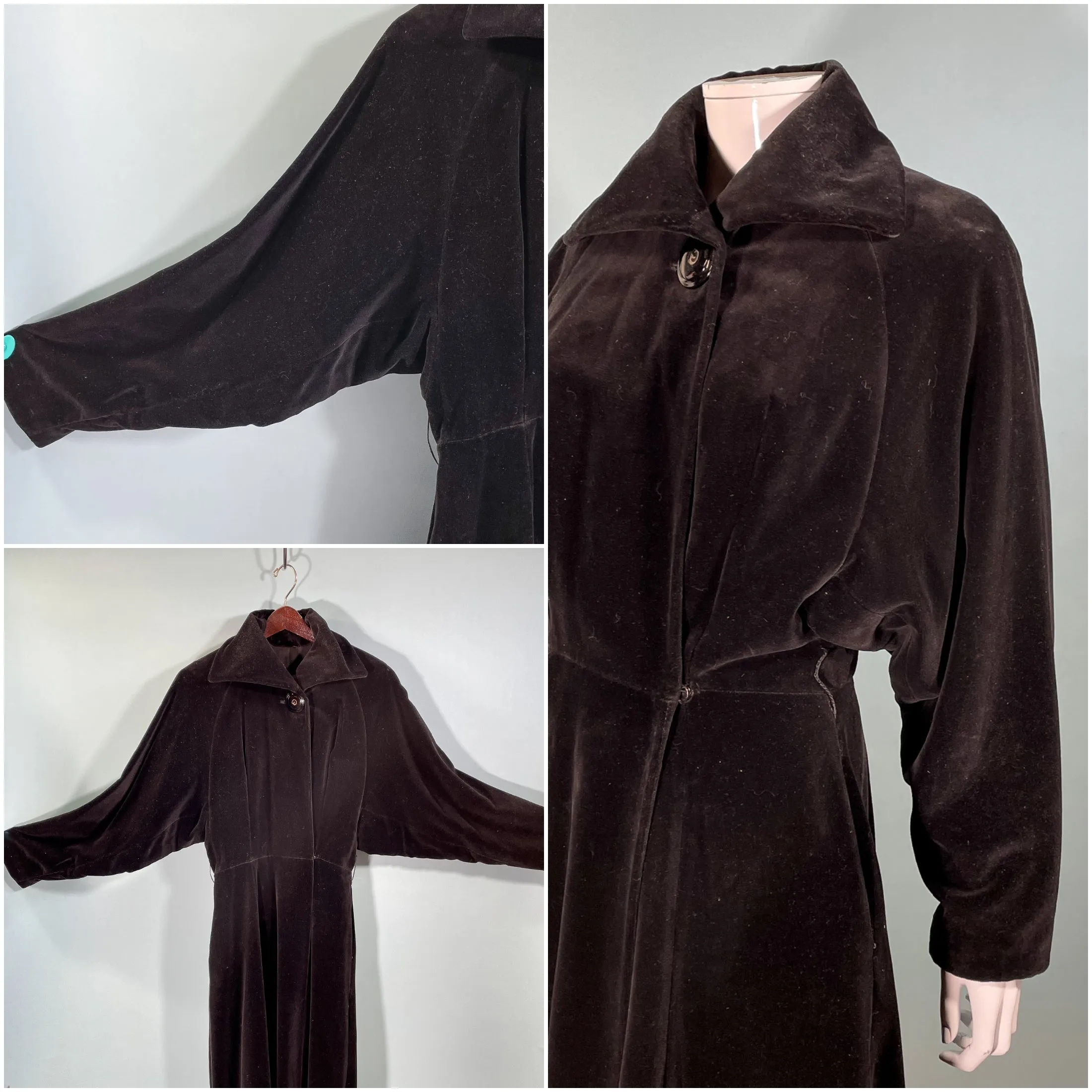 Vintage 40s Black Velvet Princess Coat, St Anne Exclusive S