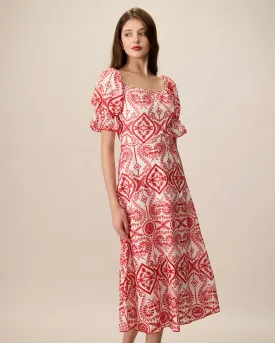 Women's Geometric Embroidery Ruffle Cotton Midi Dress