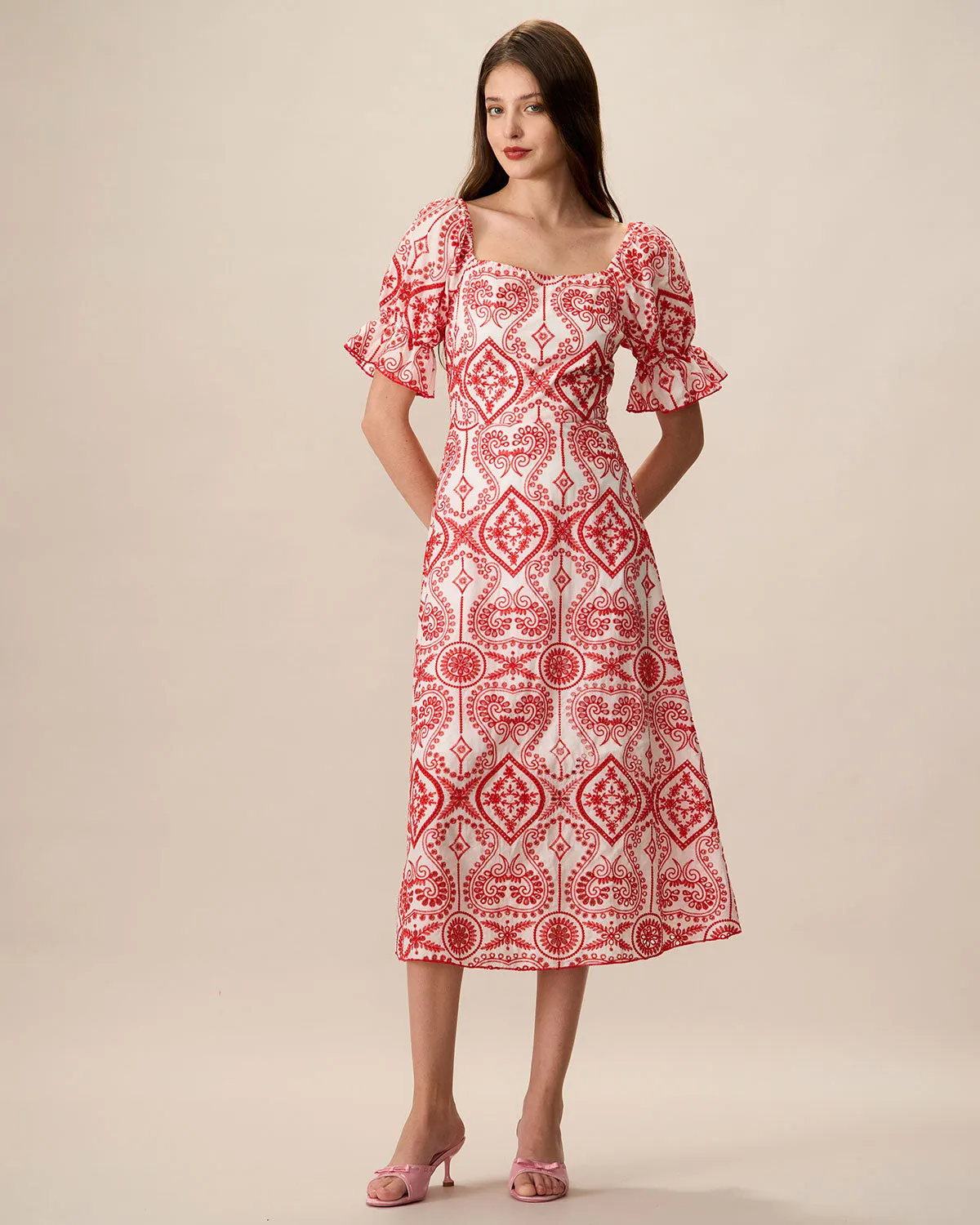 Women's Geometric Embroidery Ruffle Cotton Midi Dress